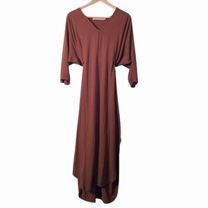 Hannah Lavery Tie Back V Neck Lagenlook Bat Wing Kaftan Midi Dress Medium Brown